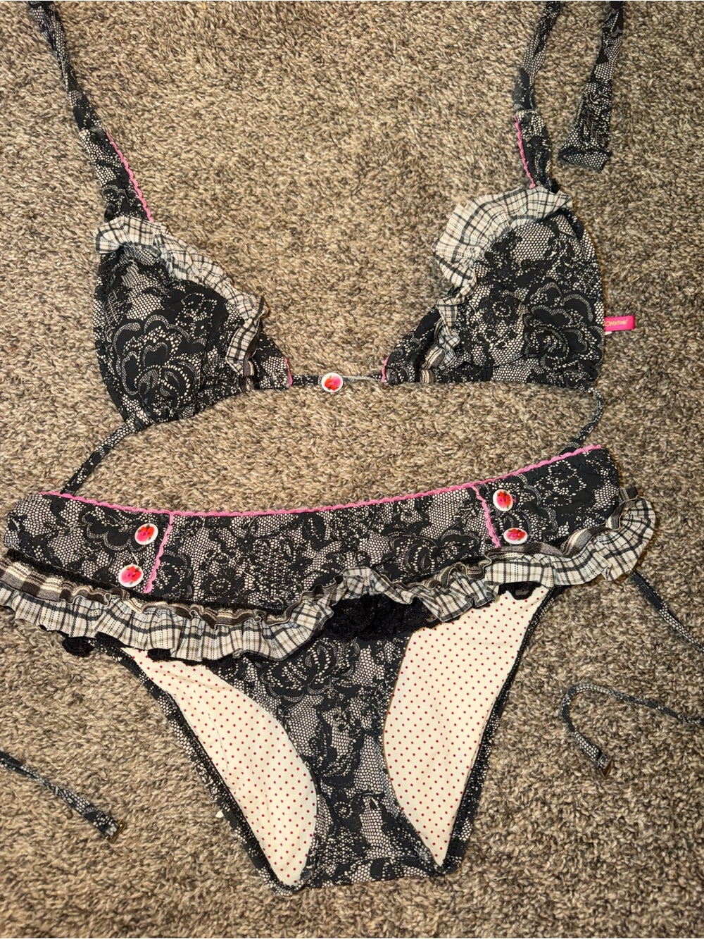 Vtg Betsey Johnson Lace Underwire Bikini swimsuit Set Size L Black White Ruffle